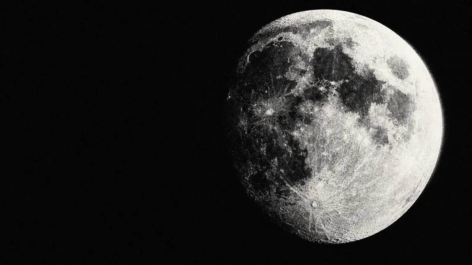A detailed black and white moon with visible craters on a pure black sky, its right edge brightly overexposed, with heavy film grain.